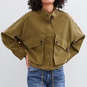 Zara Cropped Linen Blend Jacket Olive Khaki